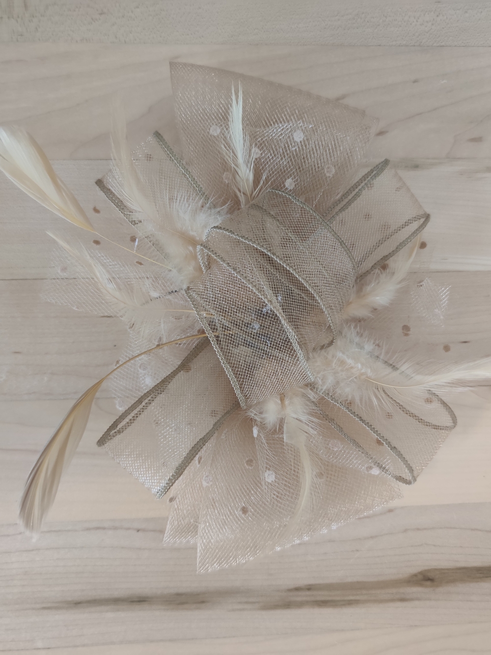 Neutral Beige Dot Mesh Feather Bow Fascinator